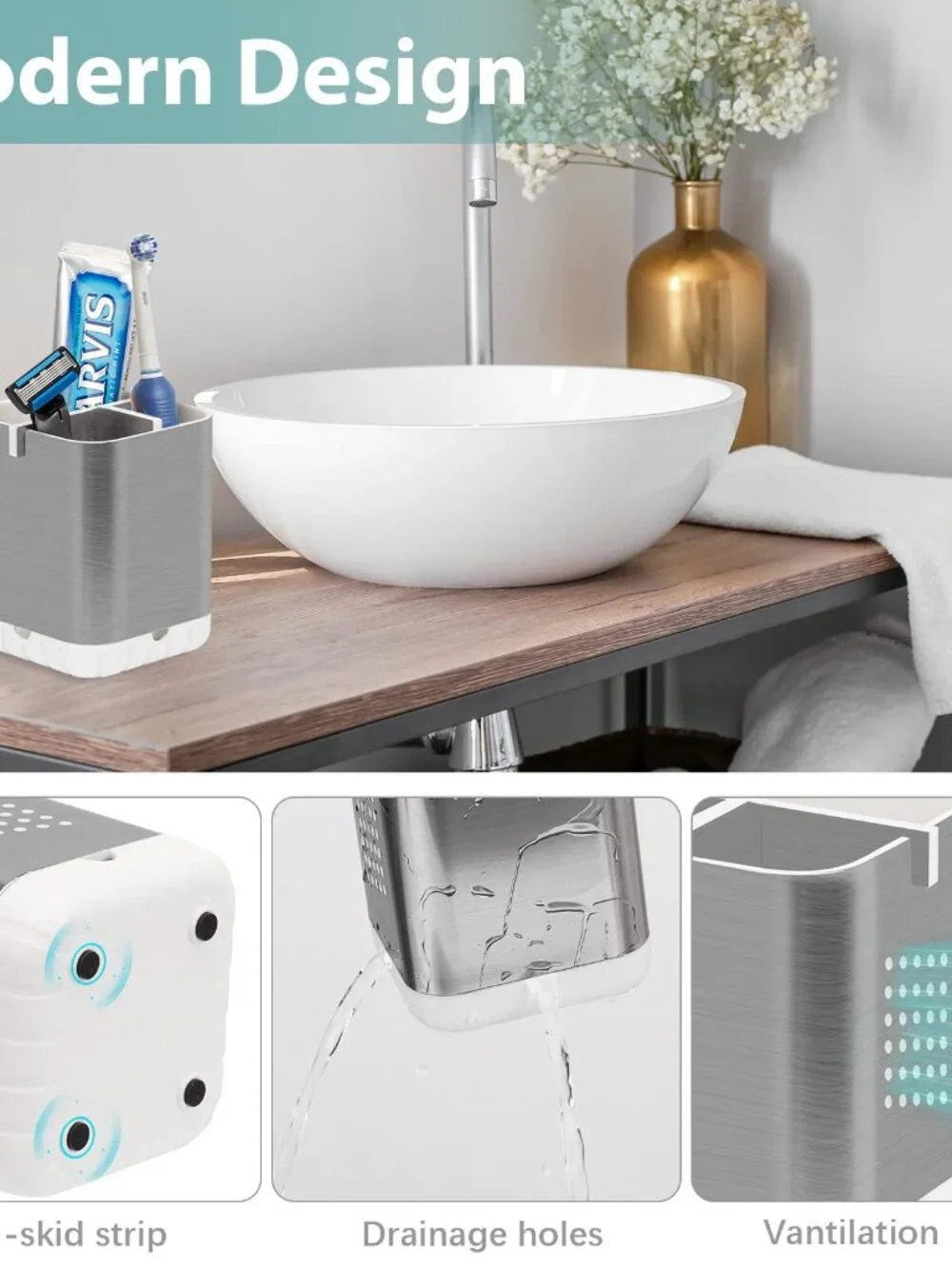 Toothbrush Holder Toothpaste Organizer Drainage for Bathroom Vanity, Detachable